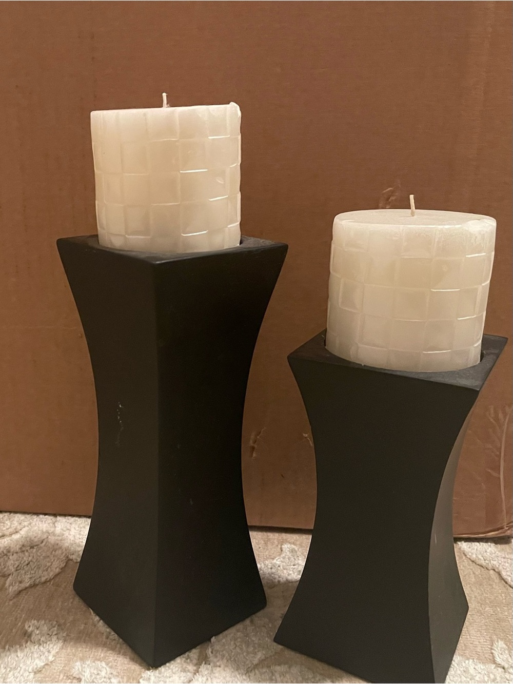 🕯️Neutral White/Cream Mosaic Pillar Candles on Black Modern Holders